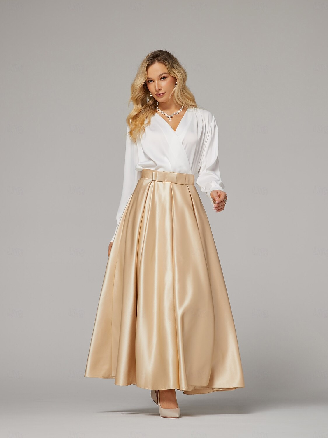 Zwei-Teile Cocktailkleider Elegantes Kleid Hochzeitsfeier Teelängen Langarm V-Ausschnitt Satin mit Falten Kleidern 2025 - $161.99 –P1