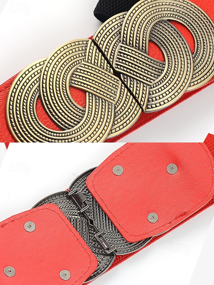 Women's Wide Elastic Waist Belt with Vintage Metal Buckle – Fashion Stretch Belt for Dresses, Tunics, and Blouses – Available in Black, Red, and Brown 2025 - $11.99 –P5