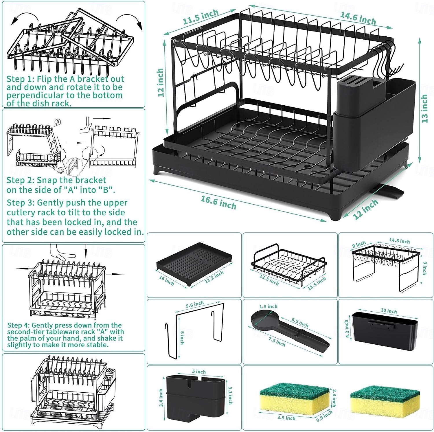 Tableware drying rack 2-layer utensil drain rack with detachable utensil rack and swivel joint durable high carbon steel material larger capacity easy to install black 2025 - $61.99 –P8