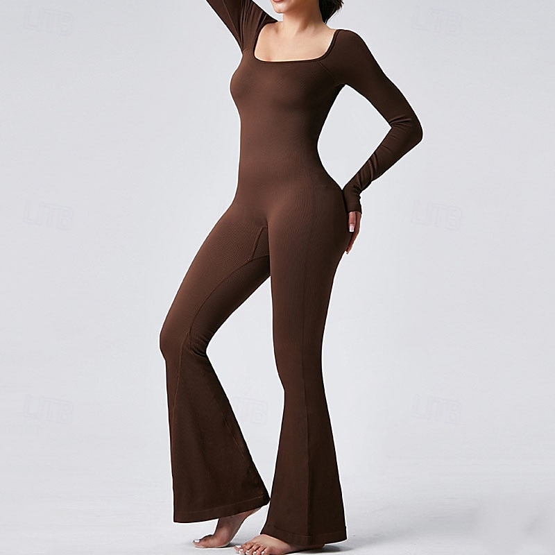 Dam Jumpsuit Träningsdräkt Onesie Utsvängda byxben Ensfärgat Kroppsdräkt Byxdress Svart Kaffe Yoga Kondition Gymträning Andningsfunktion Mjuk Långärmad Sport Sportkläder Elastisk Smal 2025 - $33.59 –P7