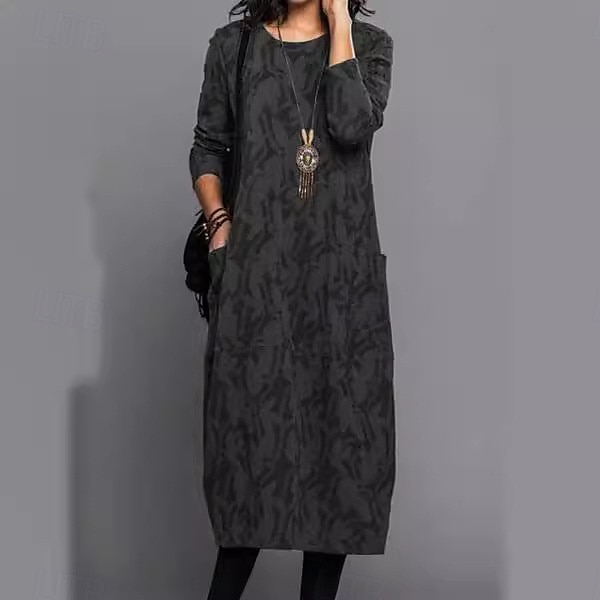 abito midi da donna con scollo rotondo floreale e maniche lunghe primavera autunno del 2025 a $30.99 –P3