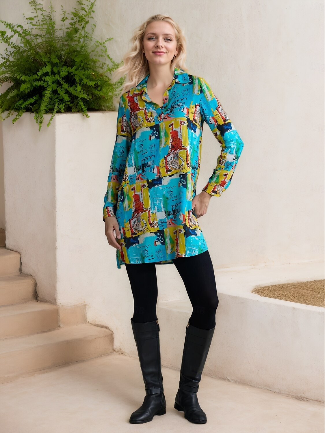 vestido mini camisa rayon graffiti com punho e lapela de 2025 por $49.99 –P5
