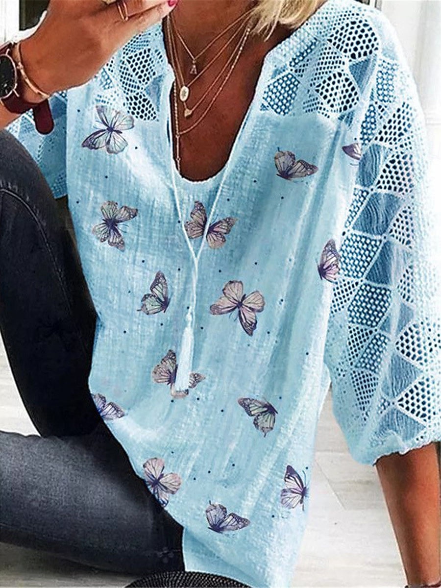 Damen Hemd Bluse Schmetterling Täglich Basic 3/4 Ärmel V Ausschnitt Normale Oberteile Täglich Patchwork Bedruckt Weiß Gelb Blau Sommer Frühling 2025 - $34.99 –P2
