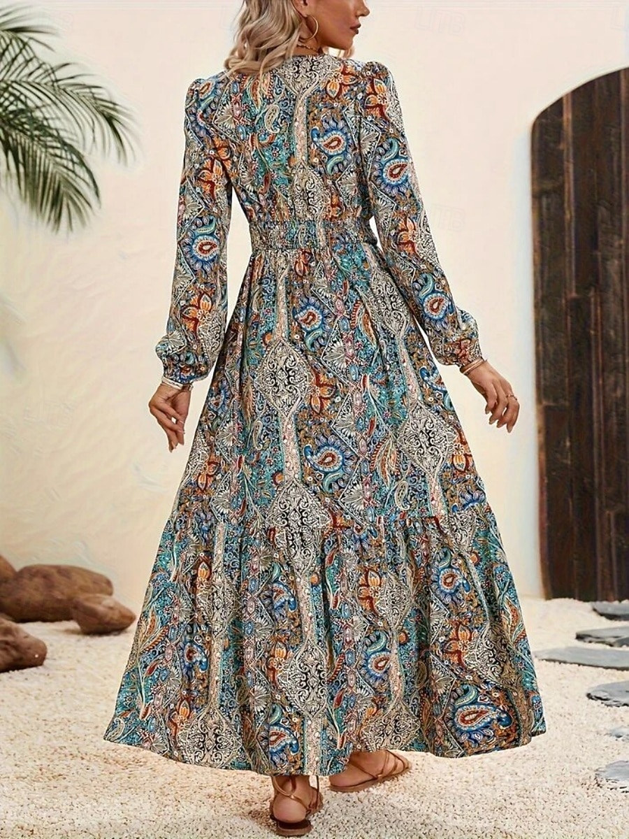 Per donna Vestito maxi Abito casual Vestito svasato Abito linea A Abito boho Boemia Vintage Etnico Giornaliero Standard Motivo cashemire Manica lunga Girocollo Blu Estate Primavera Autunno del 2026 a $32.99 –P2