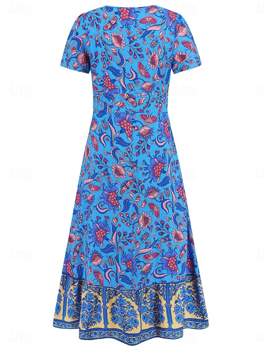 Dame Midikjole Uformell kjole Swingkjole Kjole med A-linje Boho-kjole Bohem Fritid Daglig Normal Blomstret Kortermet V-hals Rød Blå Fuksia Sommer Vår 2025 - $46.99 –P8