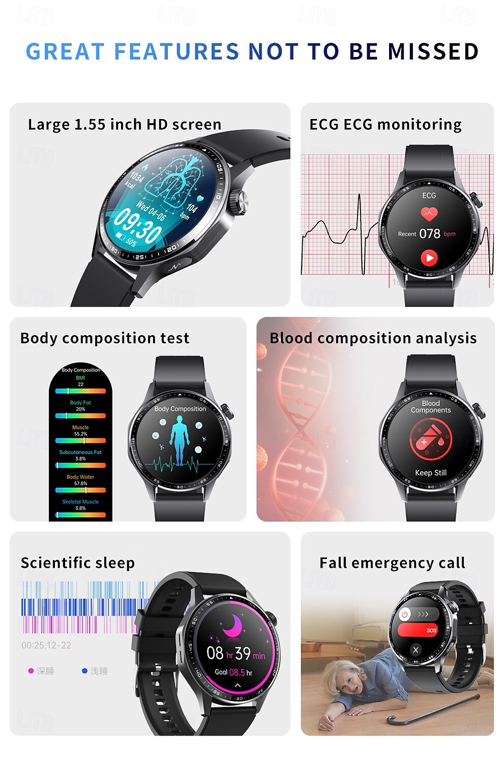 2025年 696 F210 スマートウォッチ 1.55 インチ スマートブレスレット ブルートゥース ECG + PPG 歩数計 着信通知 と互換性があります Android iOS 男性 ハンドフリーコール メッセージ受信通知 IPX-0 48mmウォッチケース コレクション – $76.99 –P3
