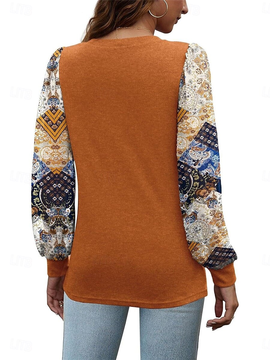 Per donna Camicia Blusa Floreale Informale Manica lunga Girocollo Top regolari Giornaliero Collage Stampa Nero Marrone Autunno Inverno del 2025 a $29.99 –P2