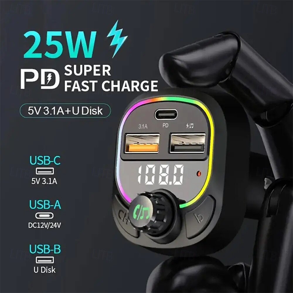 bil mp3-spiller bluetooth 5.0 fm sender pd25w hurtiglader lader tilbehør mobiltelefon adapter 2025 - $22.99 –P1