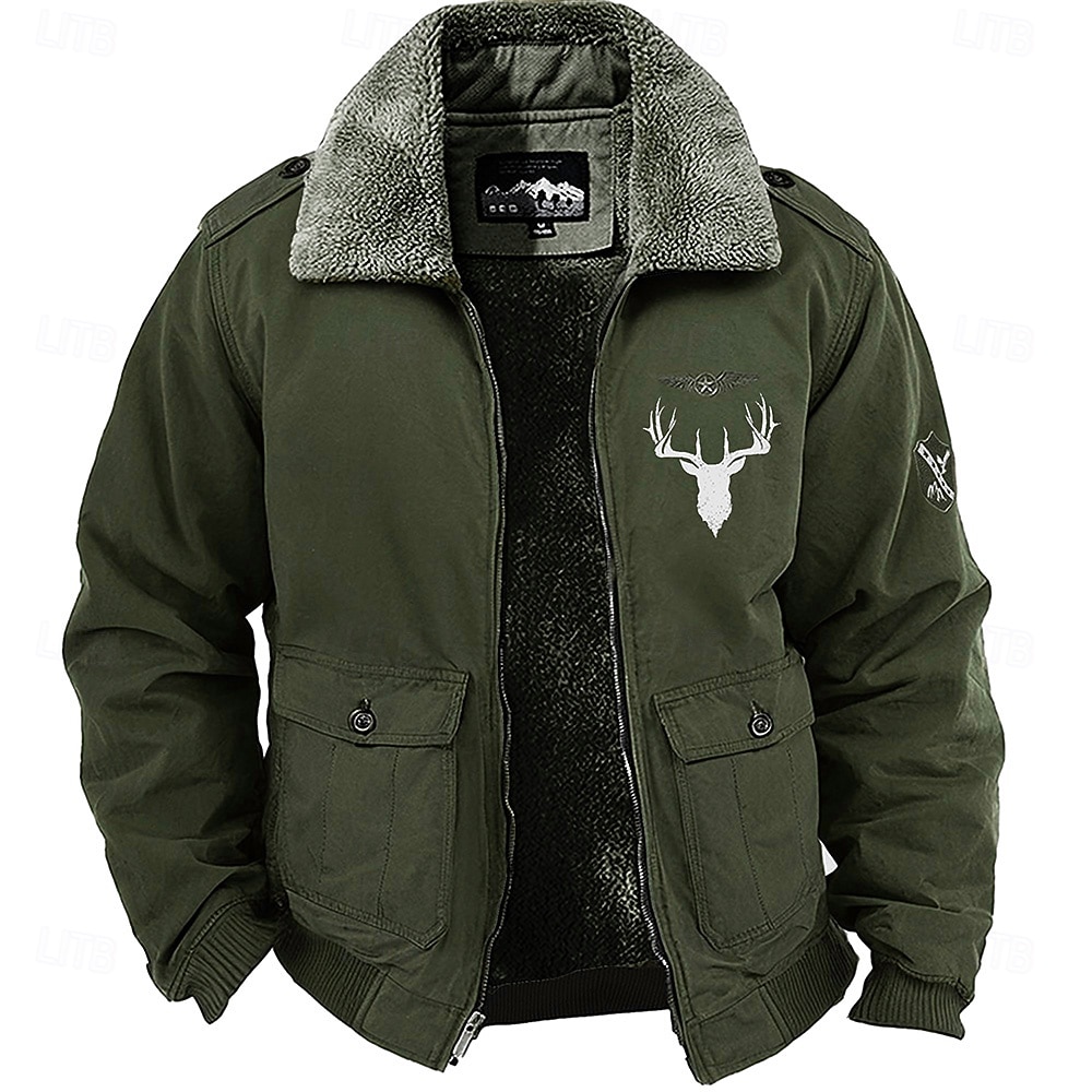 jaqueta masculina de lã bordada com rena animal, jaqueta cargo, manga longa, militar, tática, térmica, casaco quente, estilo vintage casual, jaqueta bomber de algodão com gola virada para baixo, de 2025 por $56.99 -P2