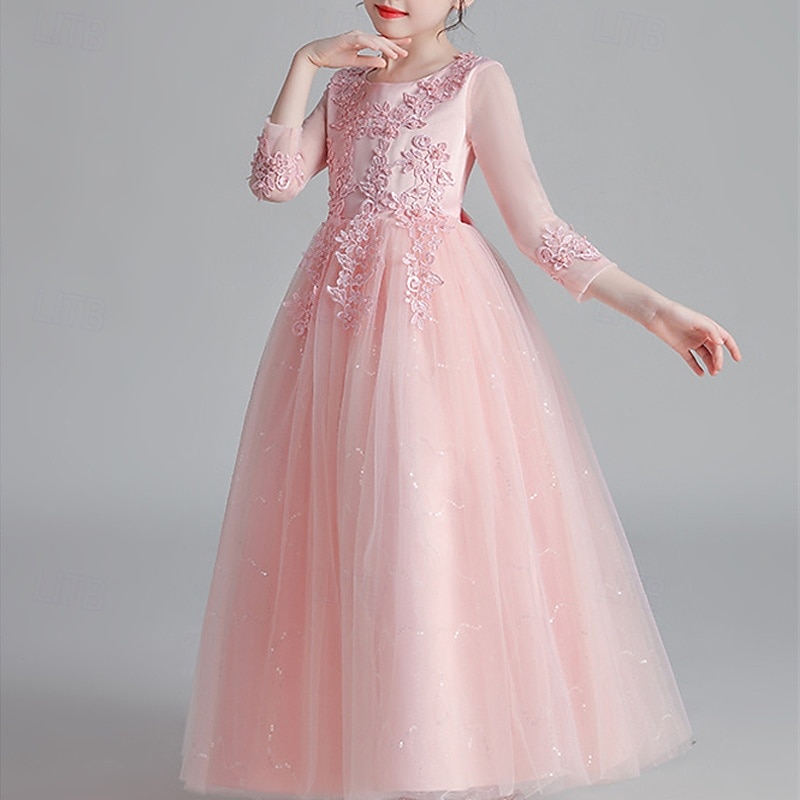 Blumenmädchenkleid Kinder Mädchen Prinzessinenkleid Leistung Hochzeit Party Elegant Schön Gitter Feste Farbe Langarm Rundhalsausschnitt Weinrot Weiß 4 Jahre + 2025 - $43.99 –P7