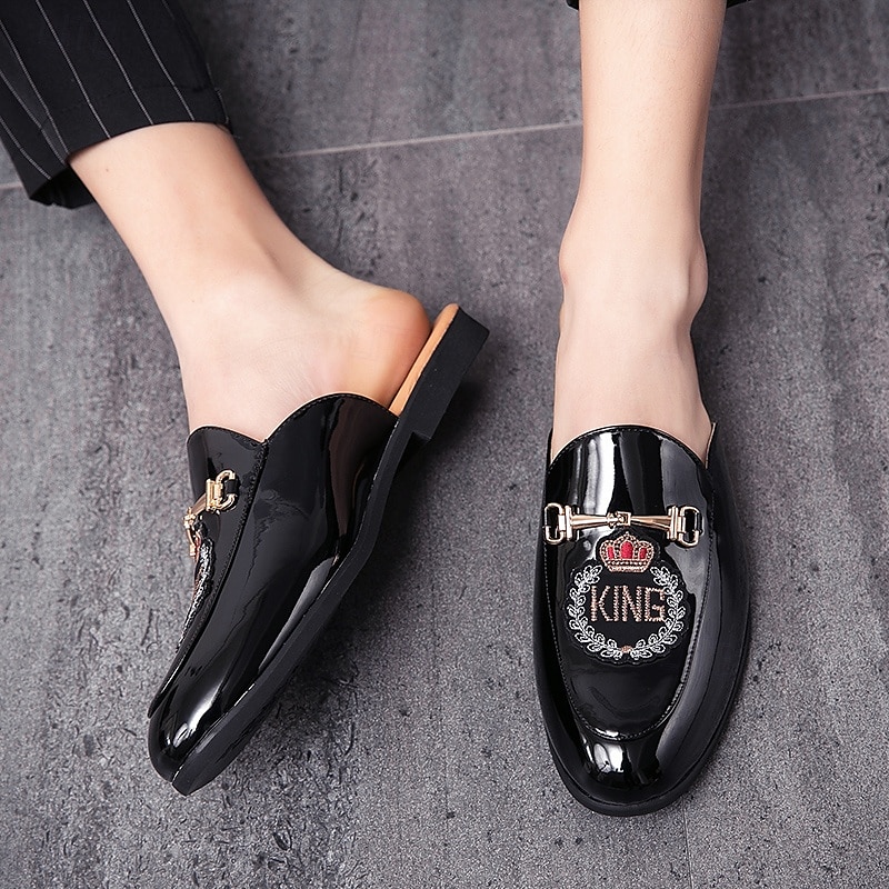 Herren-Loafer aus besticktem Lackleder, Pantoletten zum Hineinschlüpfen ohne Fersenteil mit Kronenemblem und Metallschnallendetail, perfekt für elegante und legere Anlässe 2025 - $42.99 –P3