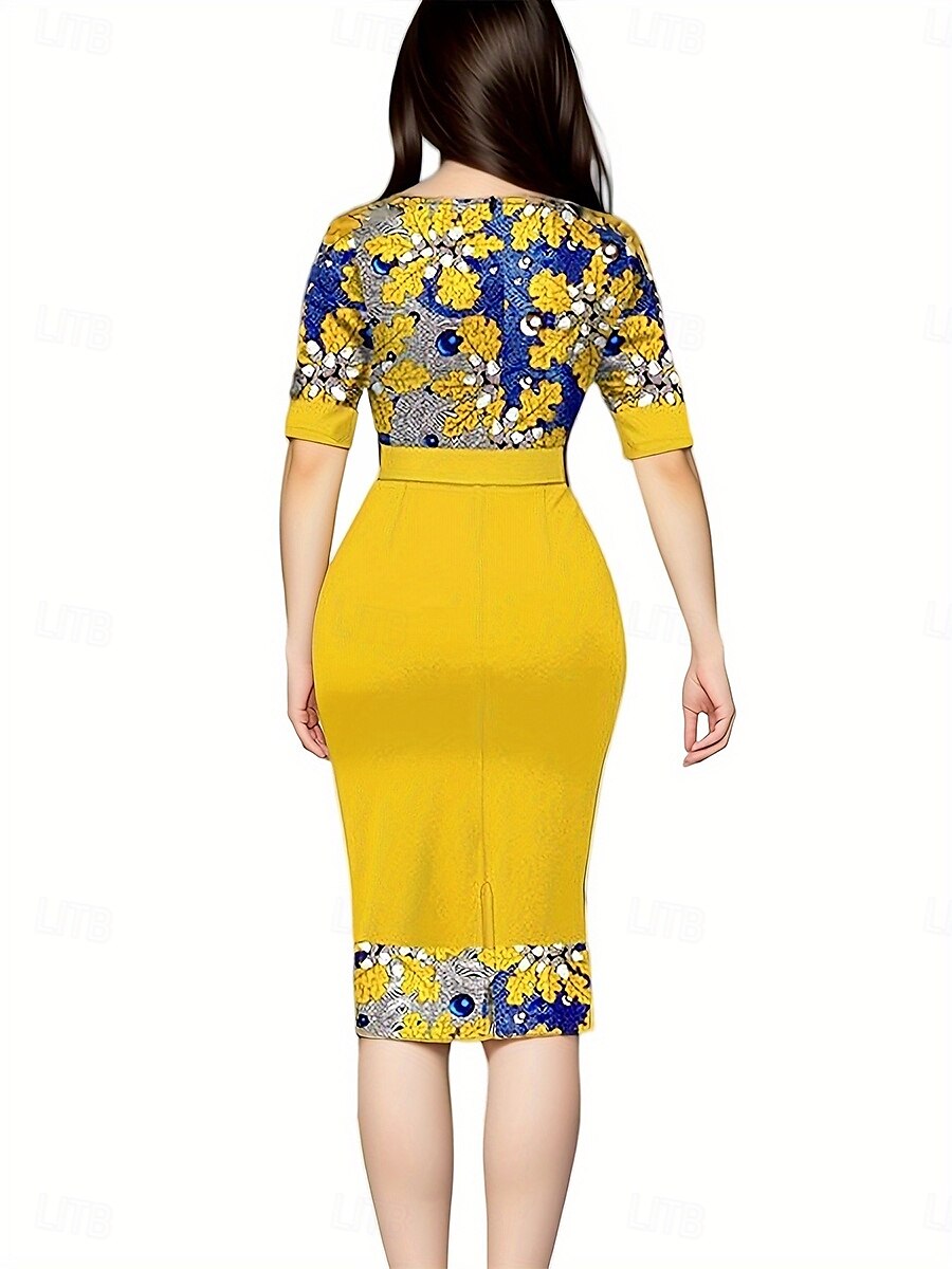 Dam Arbetsklänning Skiftklänning Elegant Kontor Dagligen Midiklänning Mönster Rund hals Halvlång ärm Blommig Smal Gul Blå Vår Höst S M L XL 2XL 2025 - $39.99 –P2