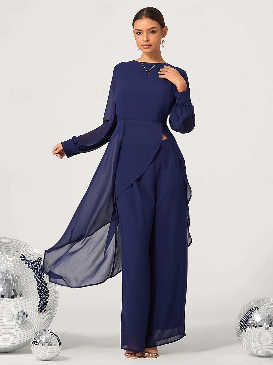 női esküvői vendég jumpsuit elegáns sötétkék hosszú áttetsző ujjú széles láb elegáns esti parti viselet kerek nyakkivágás tavasz nyár ősz 2025 - $59.99 –P3
