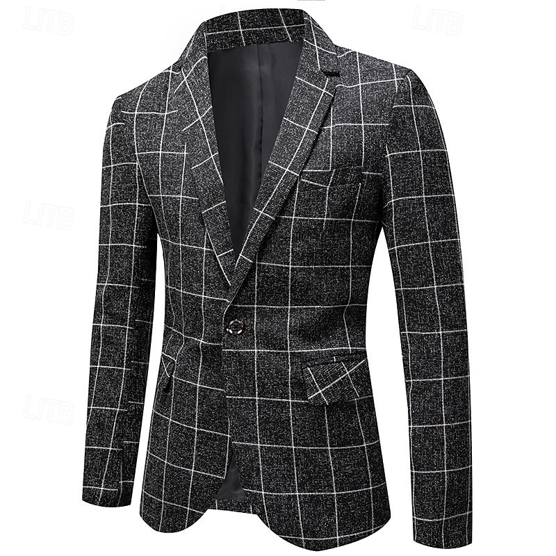 Men's Blazer Business Cocktail Party Wedding Party Fashion Casual Spring &  Fall Polyester Plaid Buttons Pocket Comfortable Single Breasted Blazer Black White Navy Blue Gray 2025 - $58.99 –P1