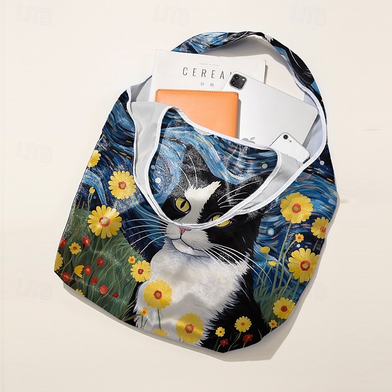 konstnärlig kattväska för kvinnor med blommig och stjärnklar nattdesign - miljövänlig återanvändbar shoppingväska för kattälskare 2025 - $14.99 –P3