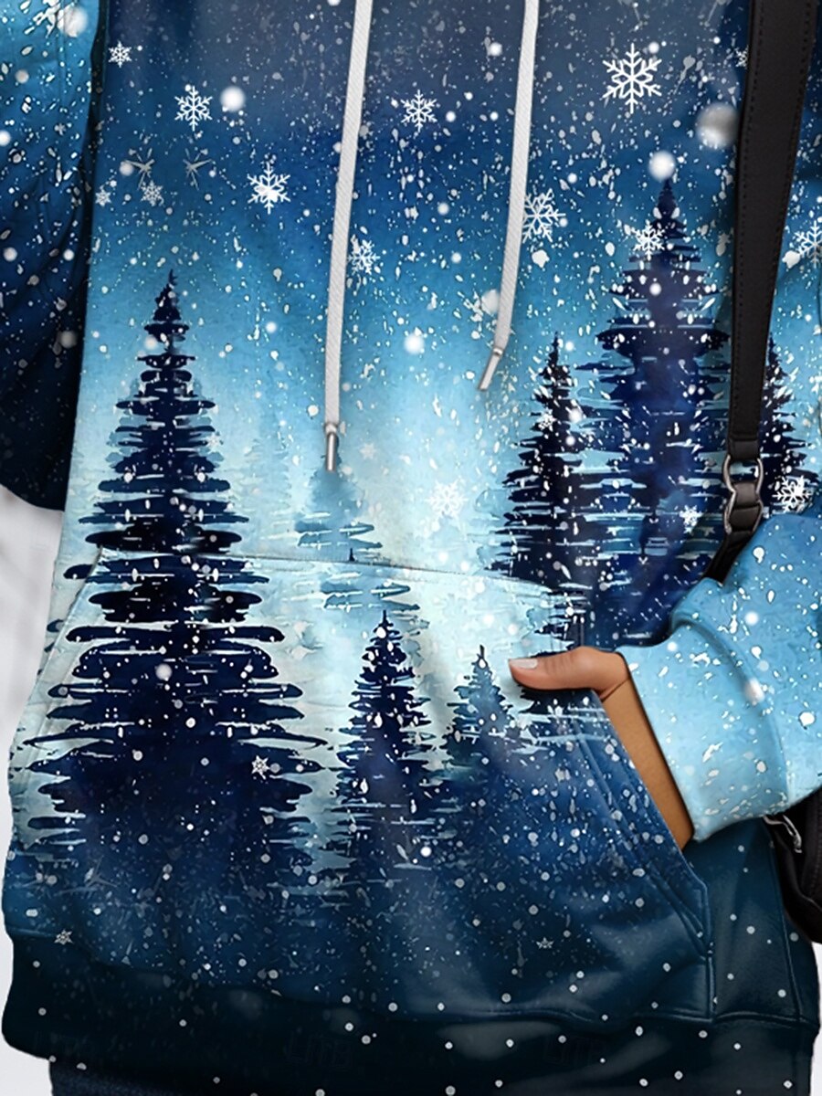 felpa con cappuccio da donna casual poliestere albero strada abbigliamento quotidiano felpa con cappuccio tasca stampa manica lunga blu autunno inverno del 2025 a $31.99 -P3