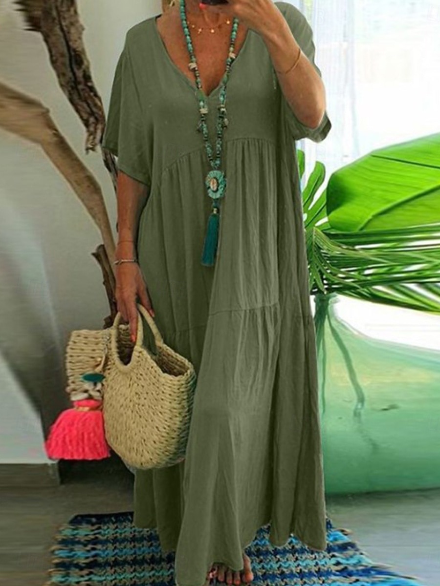 Femmes Vert militaire Orange Kaki Été Robe maxi Robes inspirées du lin Élégant Mode Bureau Quotidien Coupe Ample Col en V de 2025 ? $32.99 –P2