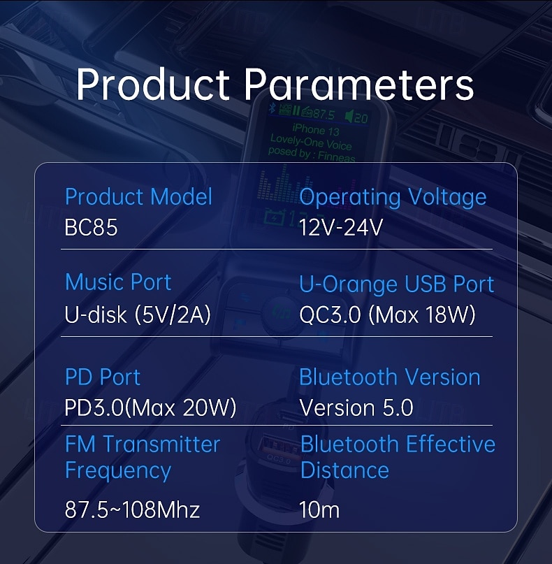 умное автомобильное зарядное устройство Bluetooth pd3.0 qc3.0 eq sound fm передатчик с цветным дисплеем aux автомобильный комплект windows bc85 2025 - $25.99 –P17