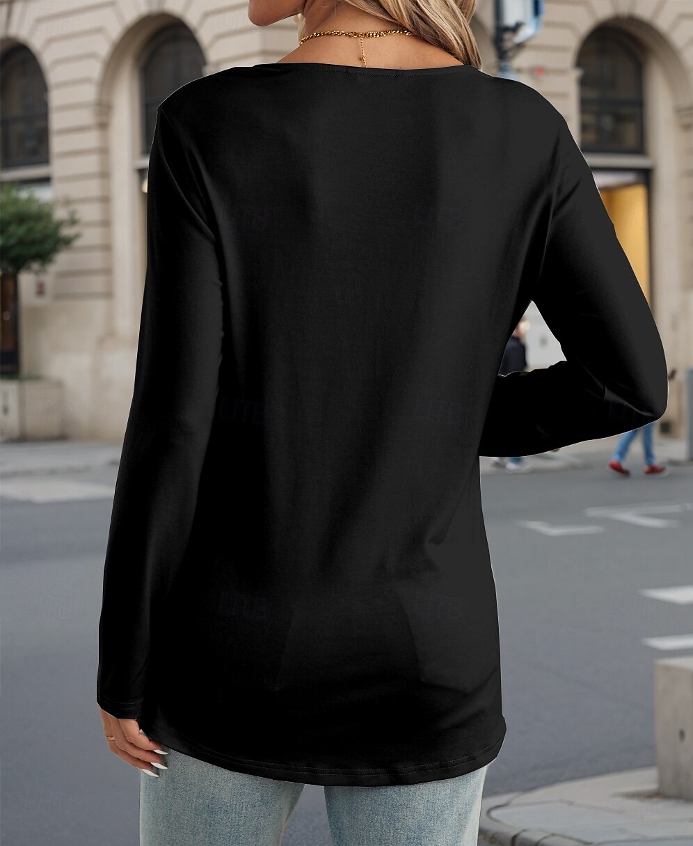 Women's T Shirt Dog Letter Casual Long Sleeve V Neck Regular Tops Daily Cut Out Print Black and White Fall Winter 2025 - $22.99 –P2