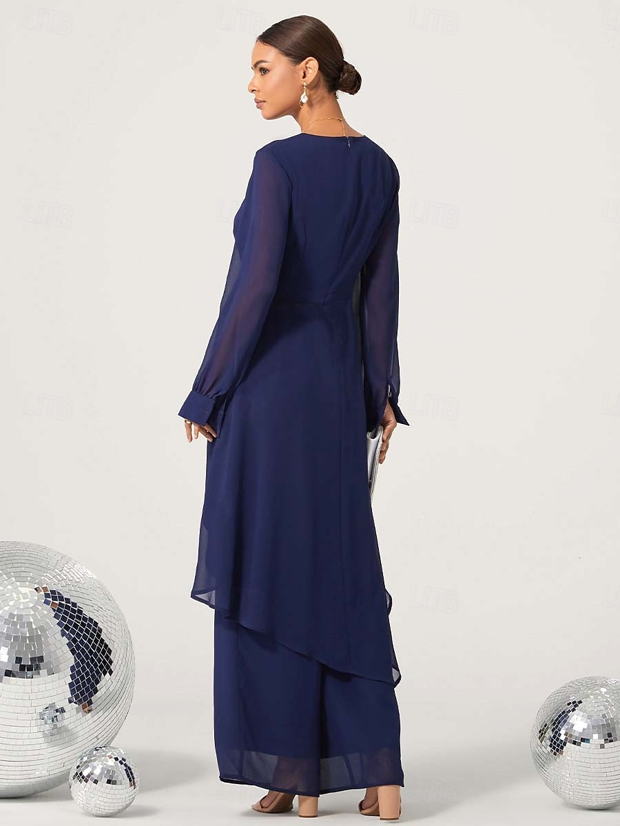 női esküvői vendég jumpsuit elegáns sötétkék hosszú áttetsző ujjú széles láb elegáns esti parti viselet kerek nyakkivágás tavasz nyár ősz 2025 - $59.99 –P5