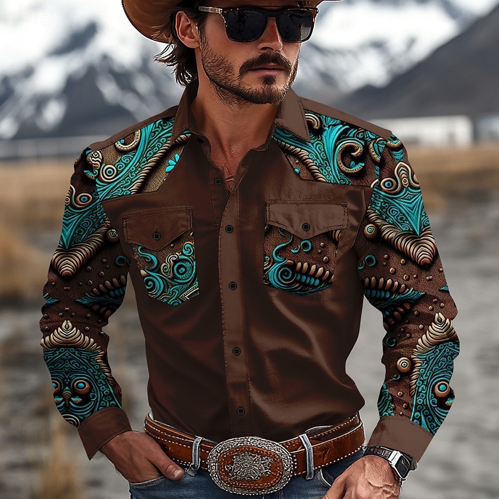 Per uomo Floreale Camicia Western Camicia da cowboy Manica Lunga Western Sport Primavera Autunno Collo ripiegato Patchwork Giallo Rosso Marrone Verde Grigio del 2025 a $31.99 –P1