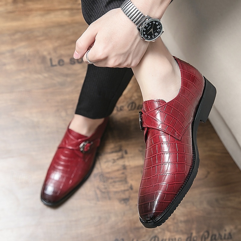 Men's Red Crocodile-Pattern Faux Leather Monk Strap Shoes – Sleek Formal Design with Metal Buckle for Weddings,Christmas and Business Attire 2025 - $46.99 –P5