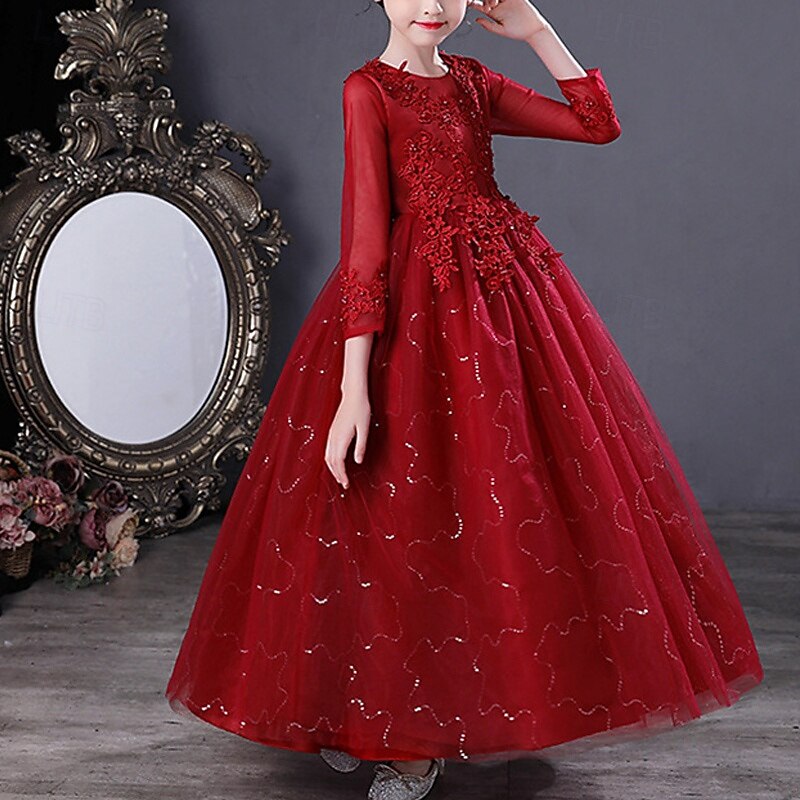 Blumenmädchenkleid Kinder Mädchen Prinzessinenkleid Leistung Hochzeit Party Elegant Schön Gitter Feste Farbe Langarm Rundhalsausschnitt Weinrot Weiß 4 Jahre + 2025 - $43.99 –P11