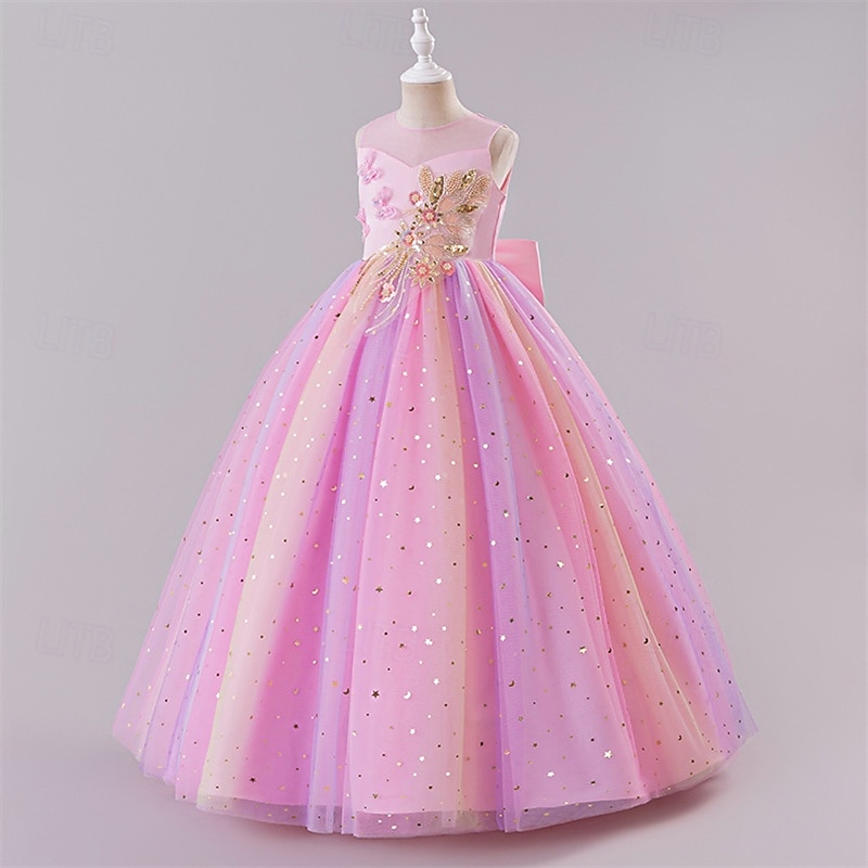 Blomsterpikekjole Barn Jente Prinsesse kjole Ytelse Bryllup Fest Elegant Vakker Netting Regnbue Ermeløs Crew-hals Rosa Blå 4 år + 2025 - $43.99 –P7