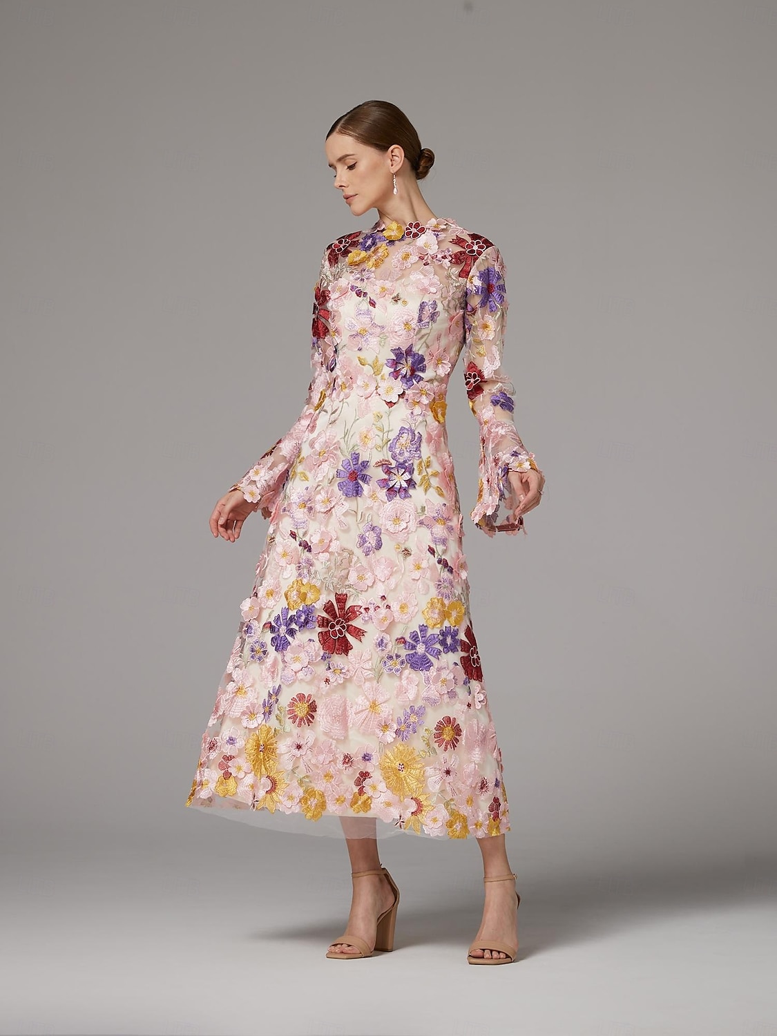 A-Line Dress Beach Wedding Mother of the Bride Dress Elegant High Neck Ankle Length Tulle Long Sleeve Floor Length with Embroidery Flower 2025 - $210.99 –P5