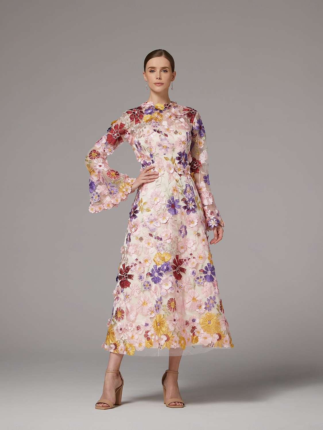 A-Line Dress Beach Wedding Mother of the Bride Dress Elegant High Neck Ankle Length Tulle Long Sleeve Floor Length with Embroidery Flower 2025 - $210.99 –P1