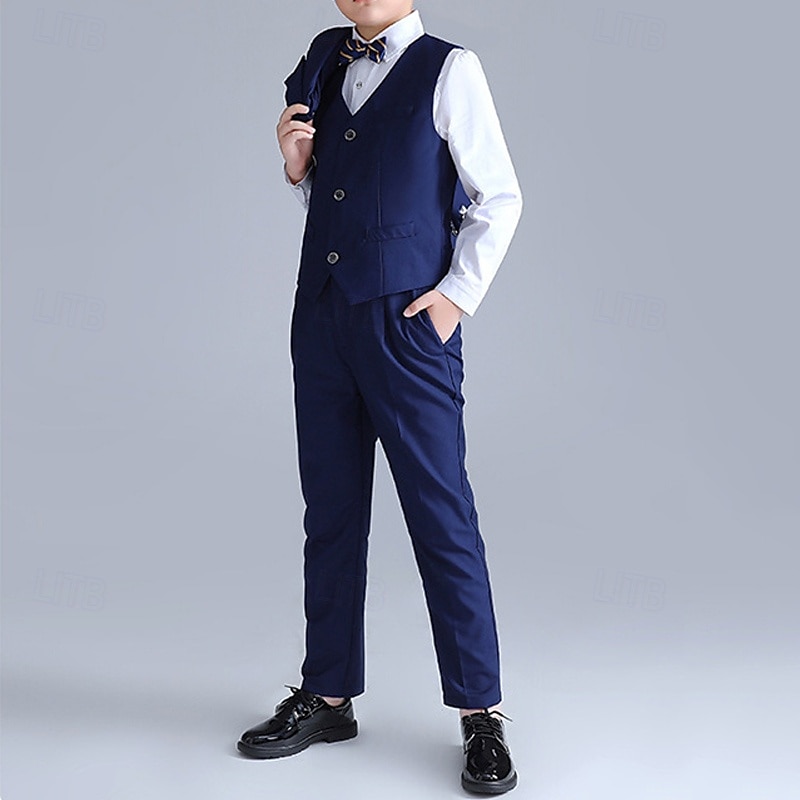 4 delar Ringbärarkostym Pojkar Barn Kostym Formell kostym Kavaj & väst & byxor & slips Formell Fest Alla hjärtans dag Mode Häftig Ensfärgat Ficka Svart Marinblå Polyester 2025 - $65.99 –P6
