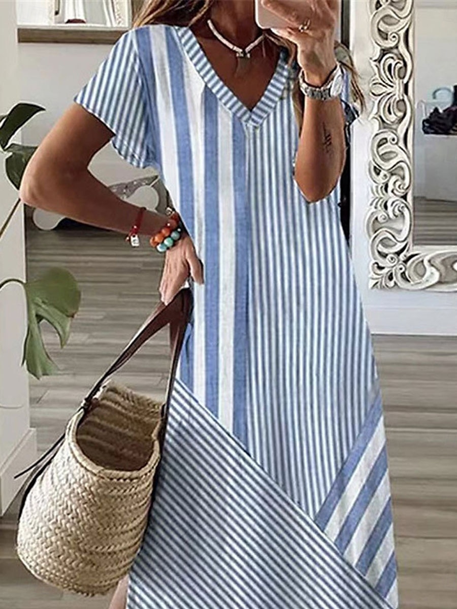 abito lungo a righe da donna con scollo a V e maniche corte, estivo del 2025 a $30.99 –P2