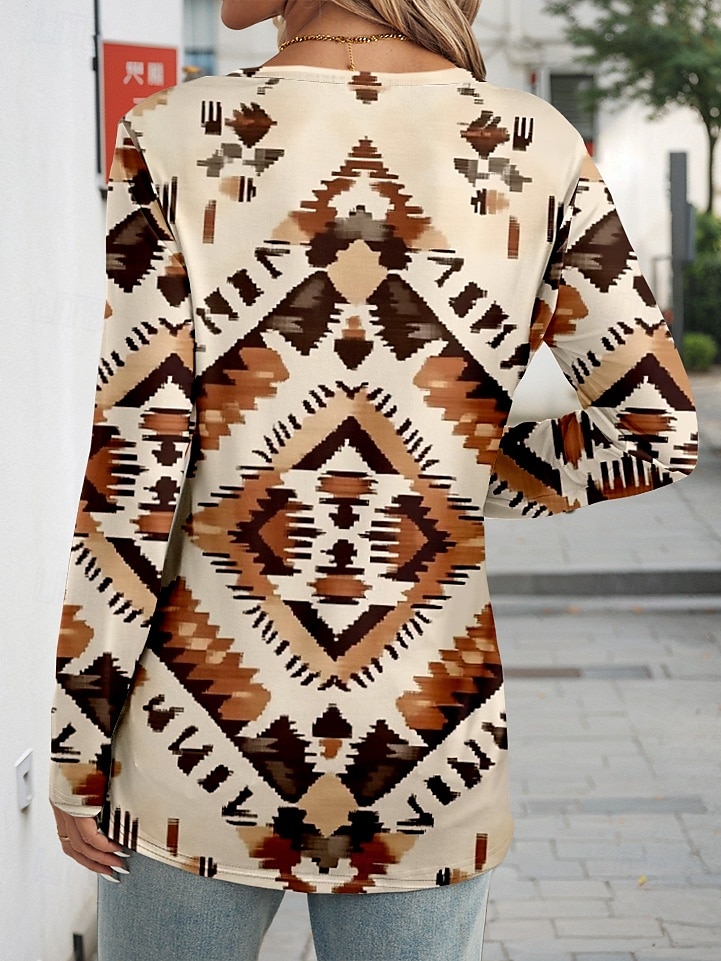 Naisten T-paita Geometrinen Vintage Vapaa-aika Pitkähihainen V kaula-aukko Tavalliset topit Päivittäin Vetoketju Painettu Khaki 봄 & Syksy 2025 - $27.99 –P2