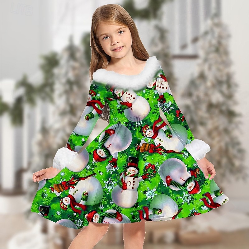 Copii Fete Rochie de Crăciun Rochie Rochie cu fulg de nea Mos Craciun Fiecare Om de Zăpadă Manșon Lung Casual Γούνινος Γιακάς Crewneck Elegant Adorabil Poliester Sub Genunchi Rochie casual Rochie 2025 - $24.99 –P2