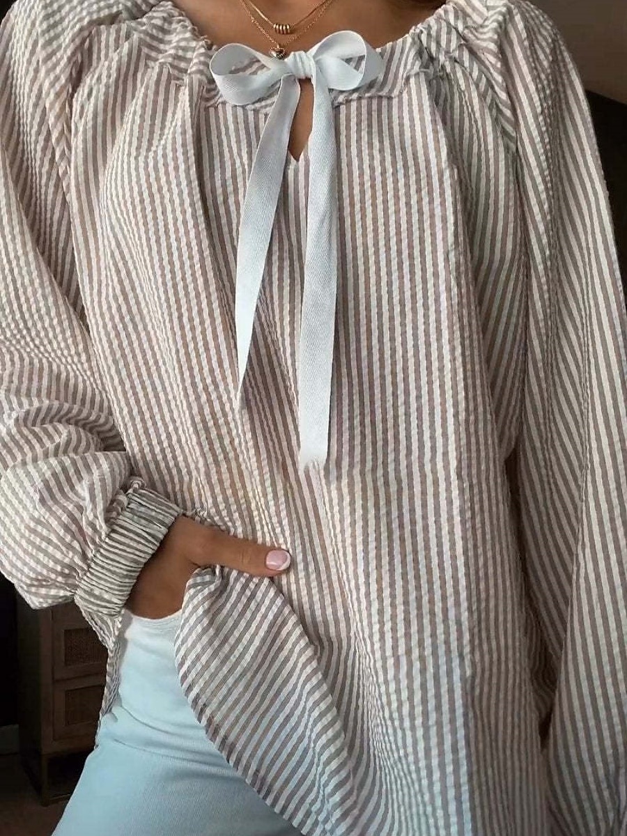 Damen Hemd Bluse Druck Gestreift Basic Lässig Langarm Rundhalsausschnitt Normale Oberteile Täglich Rosa Khaki Leicht Blau Frühling & Herbst 2026 - $32.99 –P2