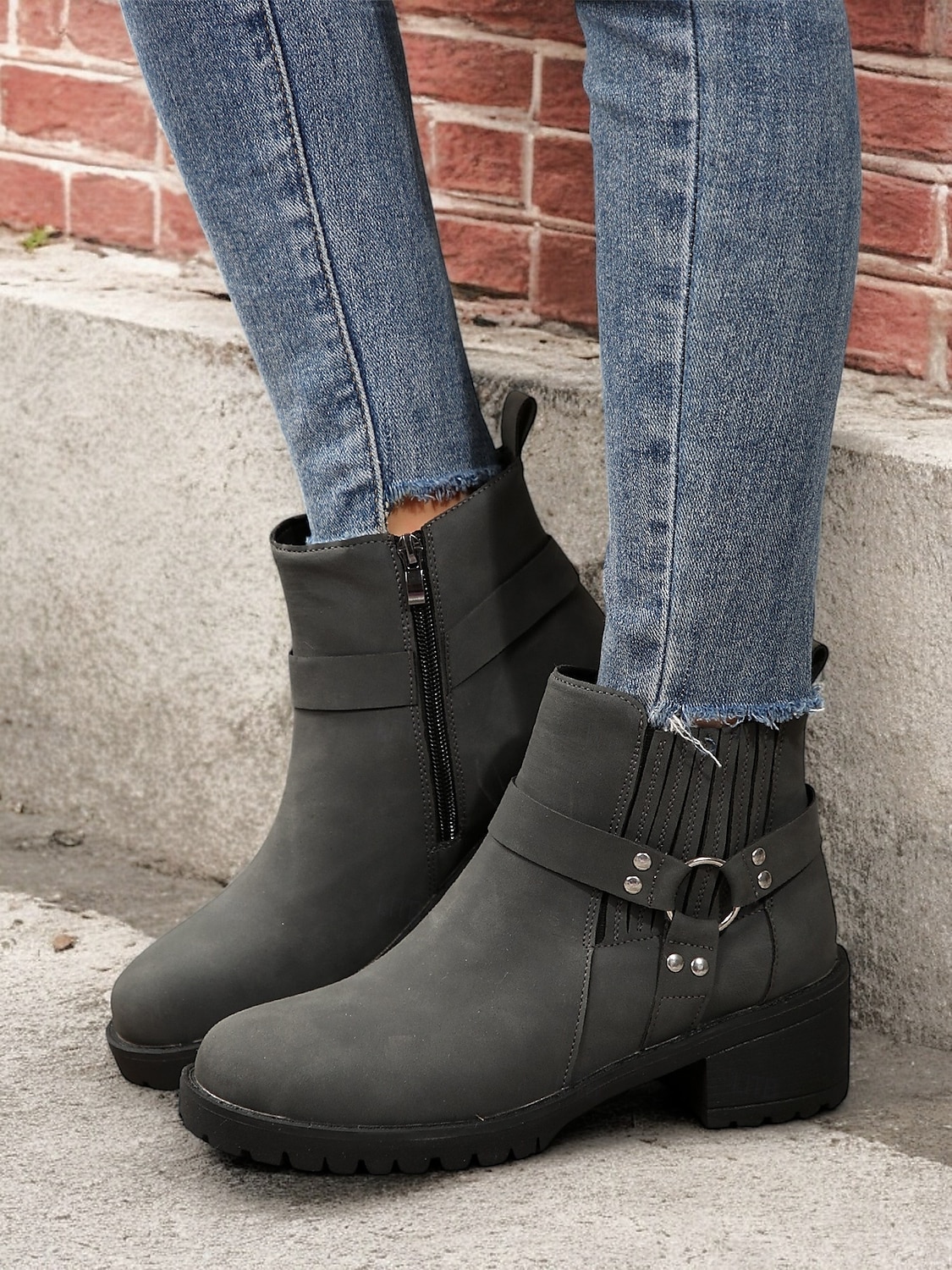 Women's Grey Ankle Boots – Stylish Block Heel with Strap Details, Side Zip, and Rugged Sole for Casual and Outdoor Wear 2025 - $42.99 –P1