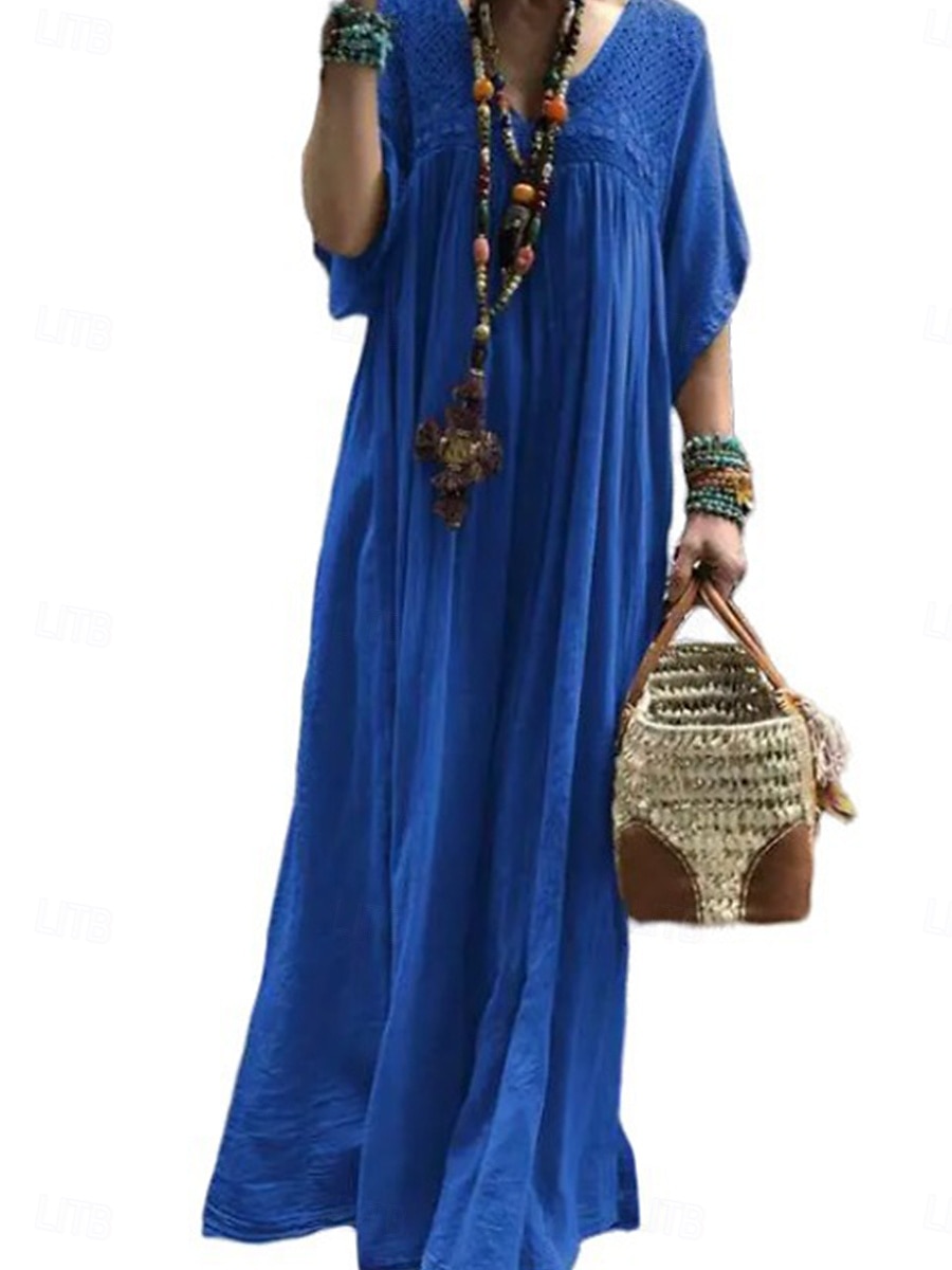 Women's Black Blue khaki Summer Maxi Dress Linen-Inspired Dresses Cotton Linen Dress Fashion Daily Office Date Loose Fit V Neck 2025 - $26.99 –P4