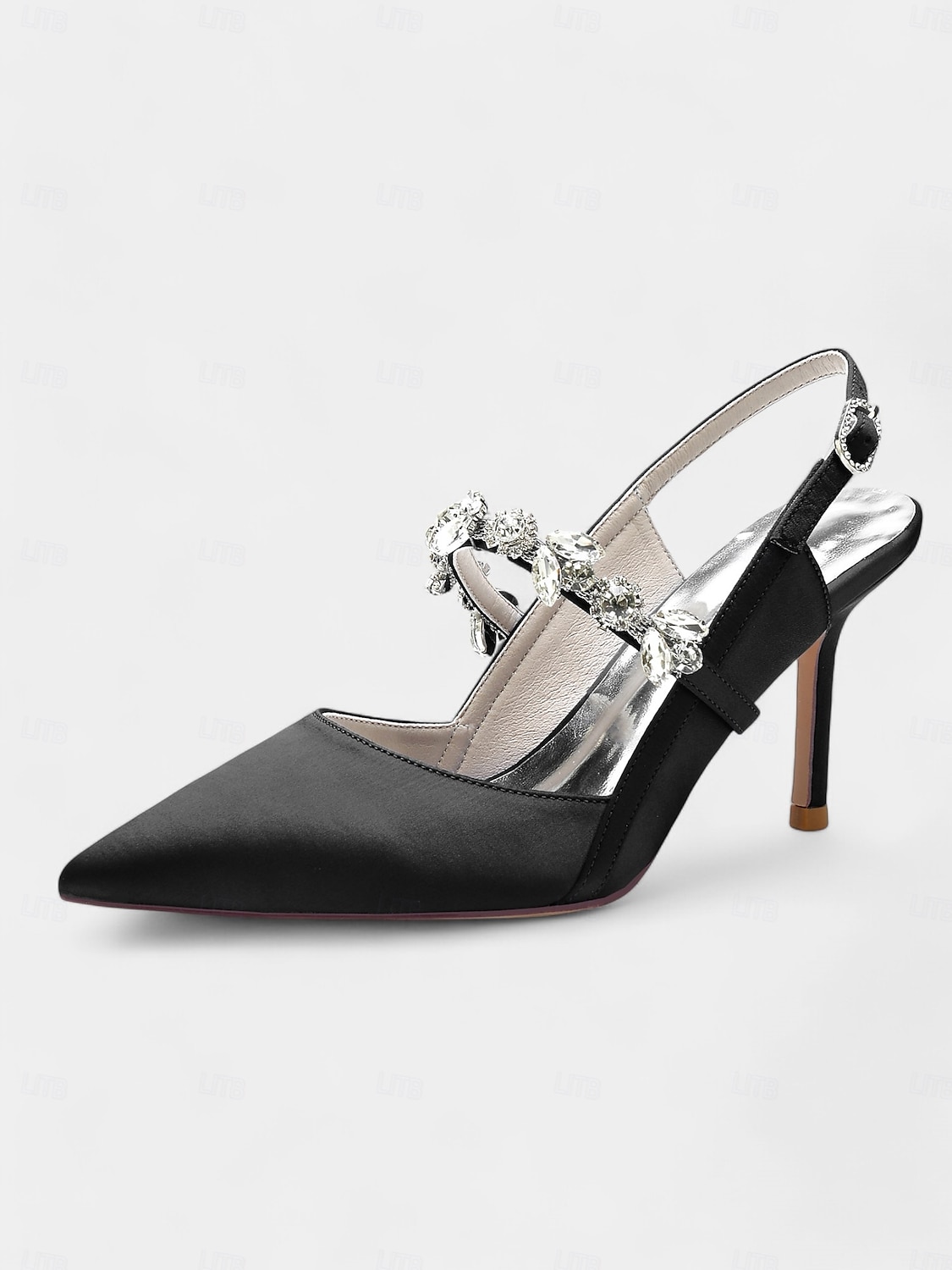 scarpe col tacco da donna in raso bianco con cinturino posteriore e decorazioni in strass – eleganti scarpe a punta per matrimoni e occasioni formali del 2025 a $64.99 –P5