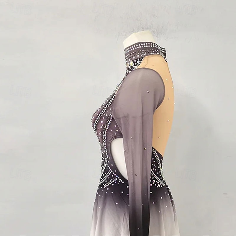 Figure Skating Dress Women's Girls' Ice Skating Dress Gray High Elasticity Training Competition Skating Wear Classic Crystal / Rhinestone Long Sleeve Ice Skating Figure Skating 2025 - $181.99 –P2