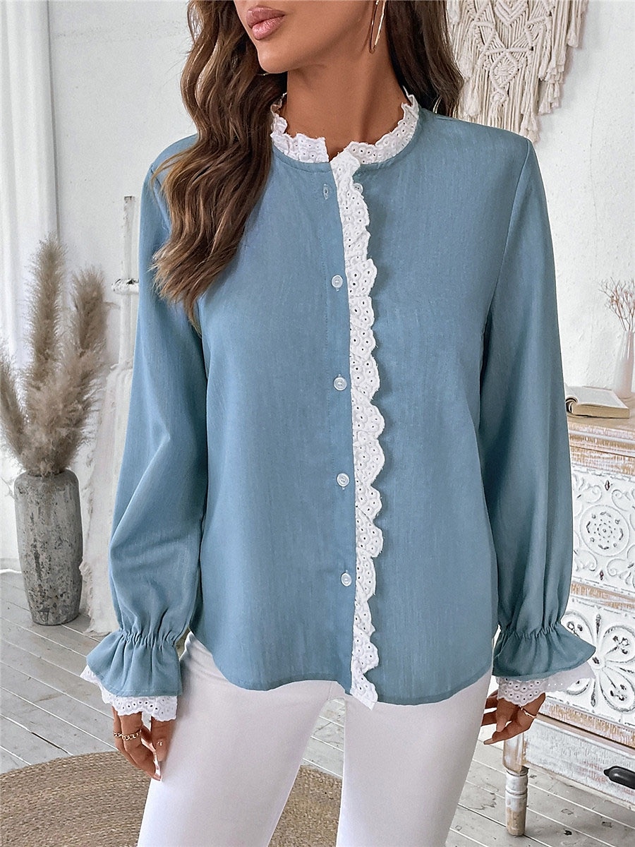 Damen Hemd Bluse Feste Farbe Basic Brautkleider schlicht Langarm V Ausschnitt Normale Oberteile Täglich Spitze Patchwork Knopf Blau Herbst Winter 2025 - $34.99 –P1