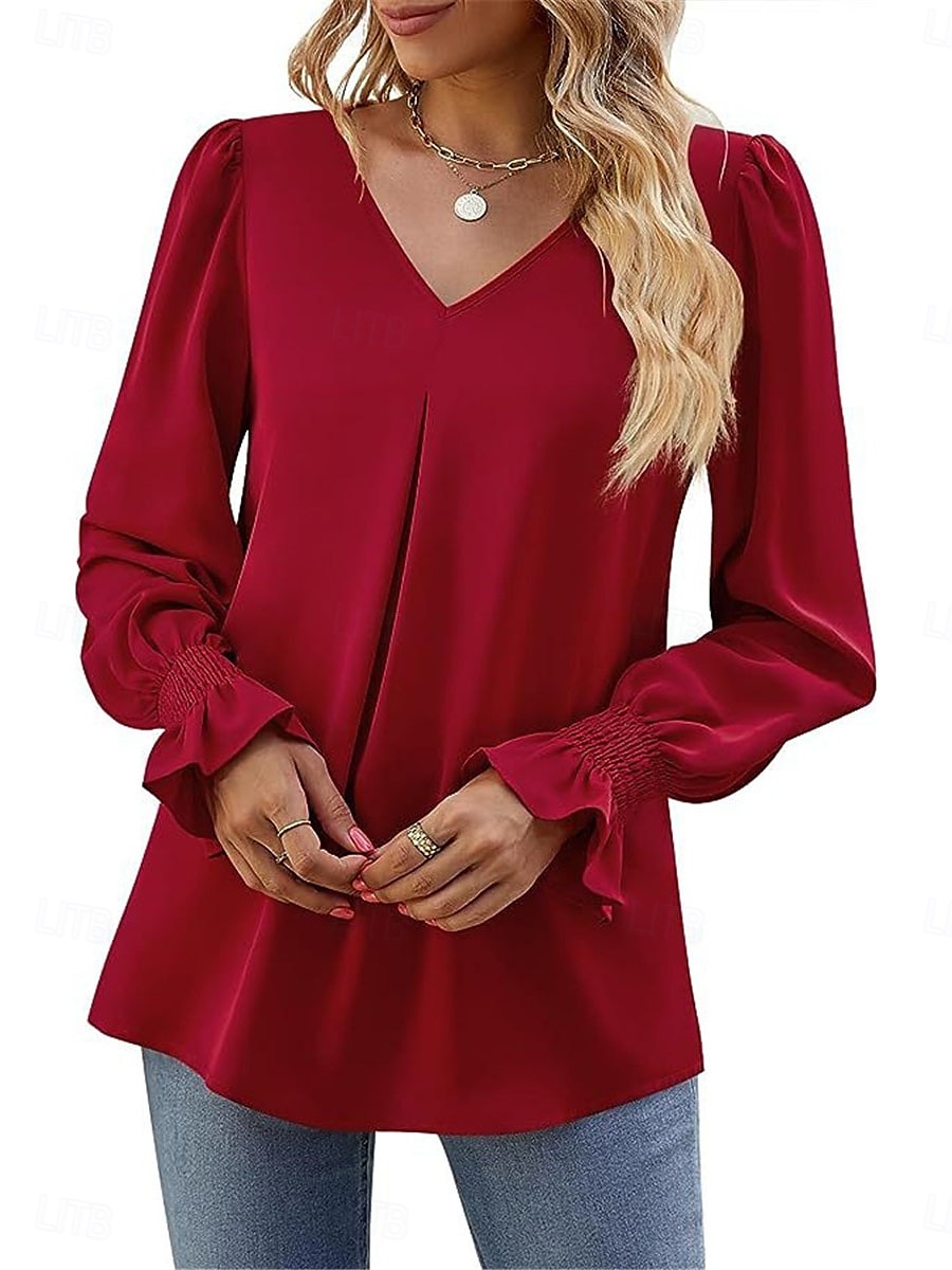 Per donna Camicia Blusa Tinta unica Essenziale Informale Manica lunga A V Top regolari Giornaliero Rosso Fucsia Cachi Autunno Inverno del 2025 a $21.99 –P11