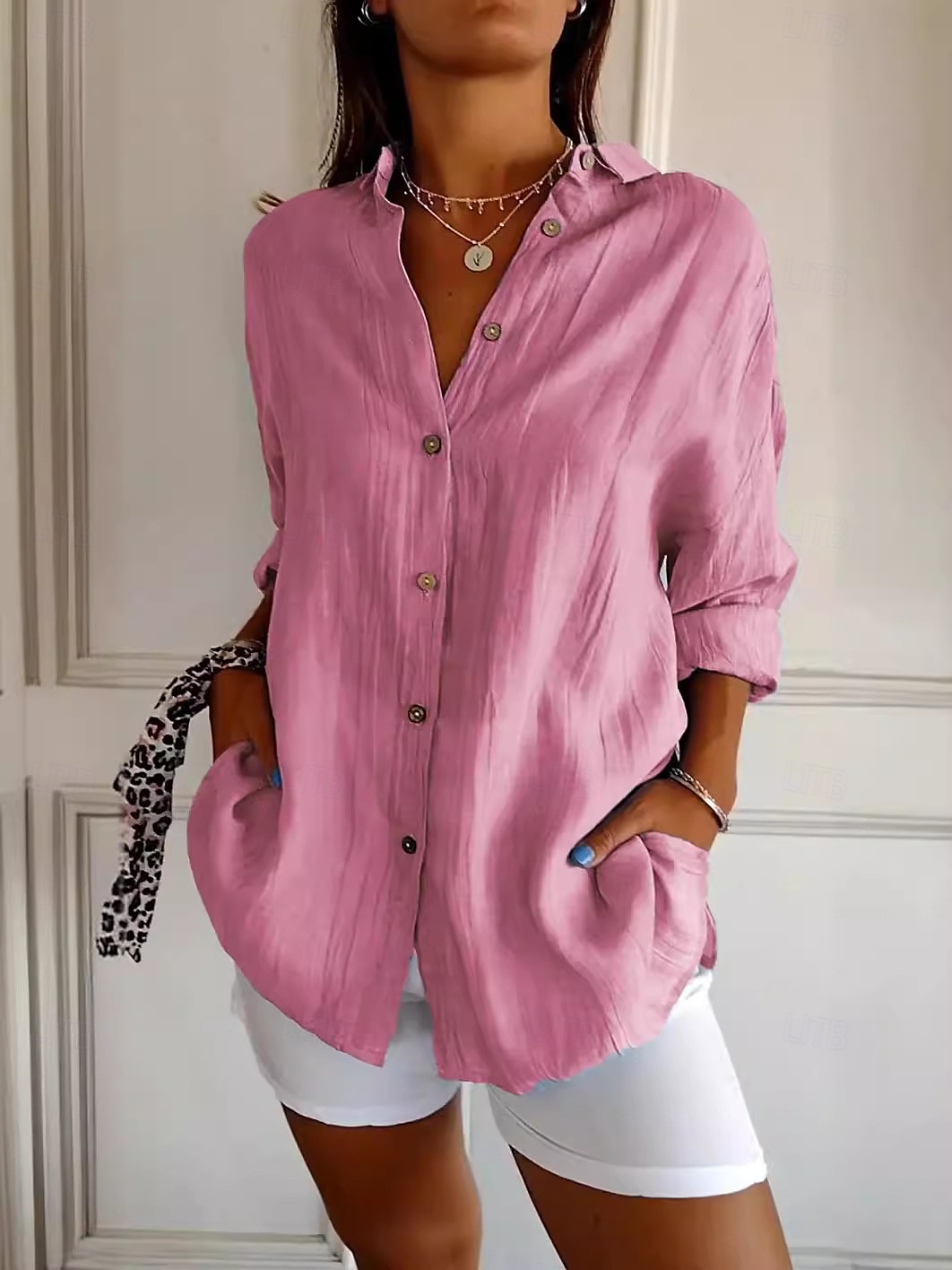 Damen Hemd Baumwoll-Leinen-Hemden Knopfleiste Bluse Einfarbig Basic Lässig Langarm Bischofsärmel Hemdkragen Normale Oberteile Urlaub Täglich Patchwork Knöpfe Rosa Blau Khaki Herbst Winter 2025 - $19.99 –P2
