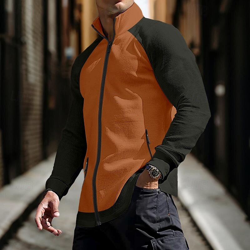 Herr Våffel T-shirt T-tröja Långärmad tröja Långärmad Bandad krage Vår & Höst Färgblock Dagligen Ledigt Gatustil Dragkedja Ficka Utomhus Gata Casual Vit Grå Orange Topp t-shirt för män 2025 - $24.99 –P8