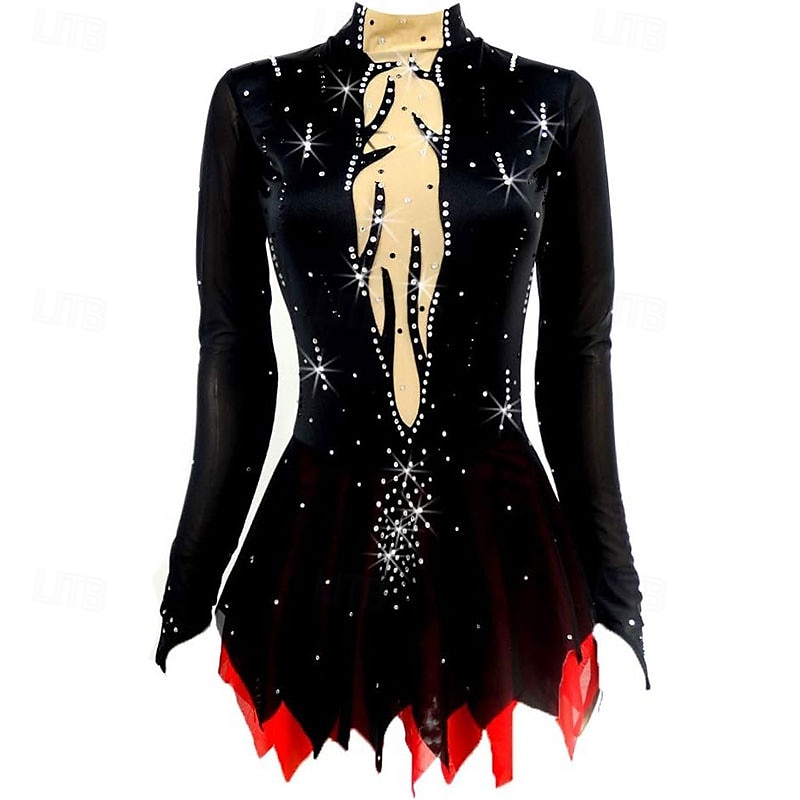 Φόρεμα για φιγούρες πατινάζ Γυναικεία Κοριτσίστικα Patinaj Φορέματα Μαύρο Κουρελού Ασύμμετρο τελείωμα Δίχτυ Υψηλή Ελαστικότητα Εκπαίδευση Ανταγωνισμός Ενδυμασία πατινάζ Κλασσικά Κρύσταλλο / Στρας 2026 - $213.69 –P1