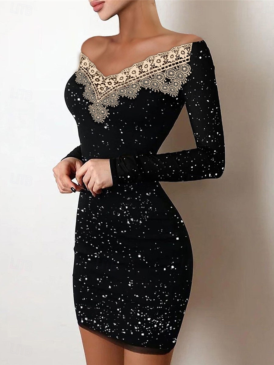 Pentru femei Rochie neagra Rochie Mini Dantelă Peteci Casual De Pe Umăr Manșon Lung Negru Caisă Culoare 2025 - $25.99 –P6