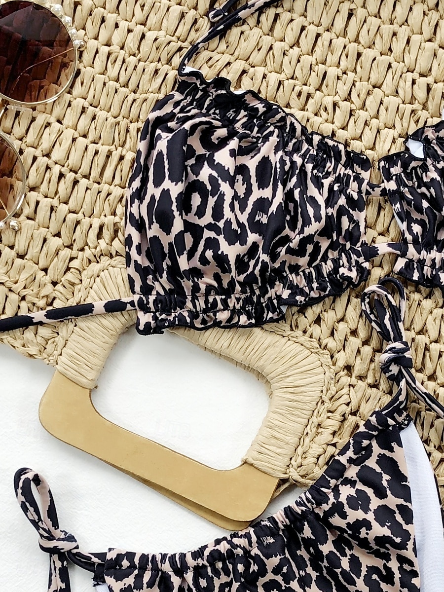 Women's Swimwear Bikini 2 Piece Cheeky Swimsuit Backless Slim Vacation Beach Wear Solid Color Leopard Halter Neck Sleeveless Bathing Suits 2025 - $26.99 –P5
