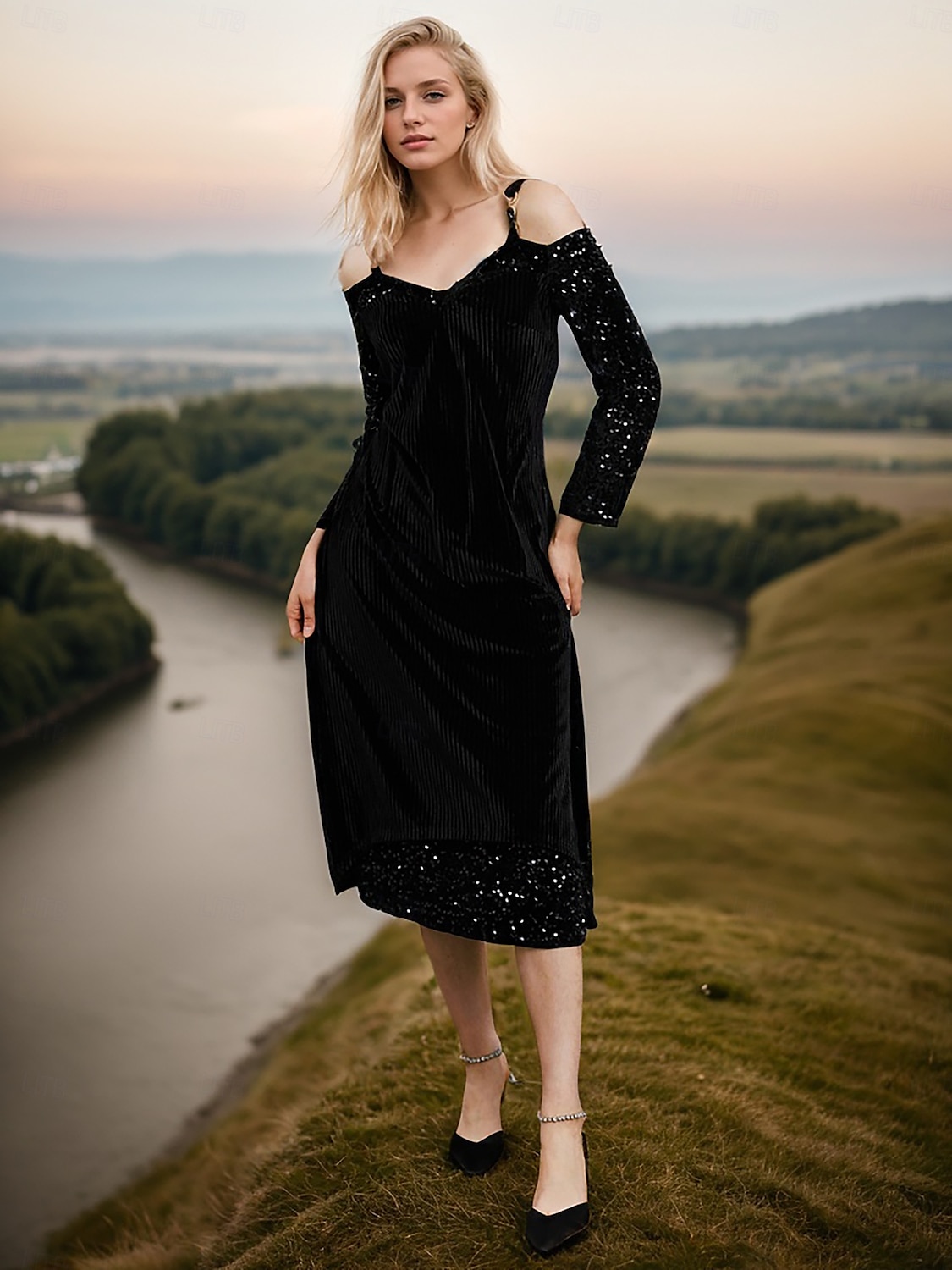 Velvet Cold Shoulder V Neck Midi Dress 2025 - $61.99 –P5