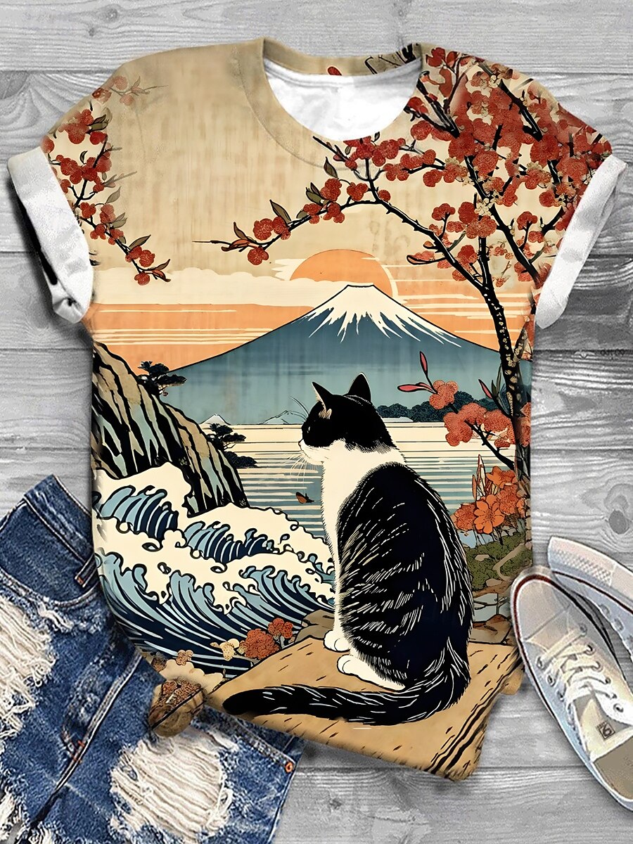 Dam T-shirt Katt Ledigt Kortärmad Rund hals Vanliga toppar Dagligen Mönster Kaki Sommar 2025 - $19.99 –P1
