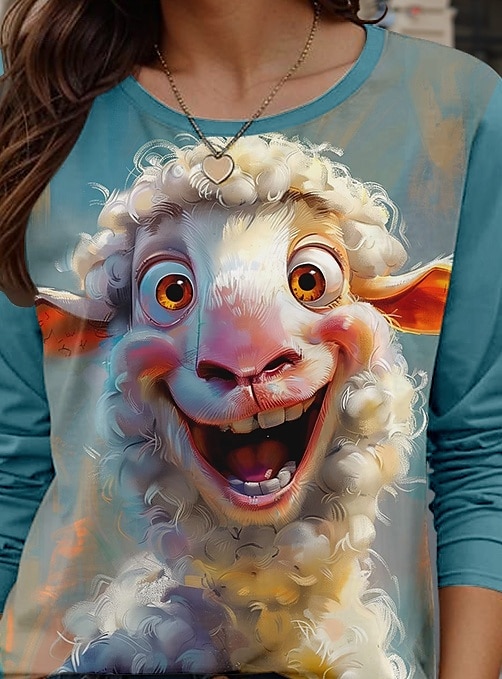 Koszulka T-shirt dla kobiet Okrągły dekolt Długie rękawy Tunika Zwierzęcy Casual Regularne góry Codzienny nadruk Niebieski Wiosna Jesień 2025 - $22.99 –P3