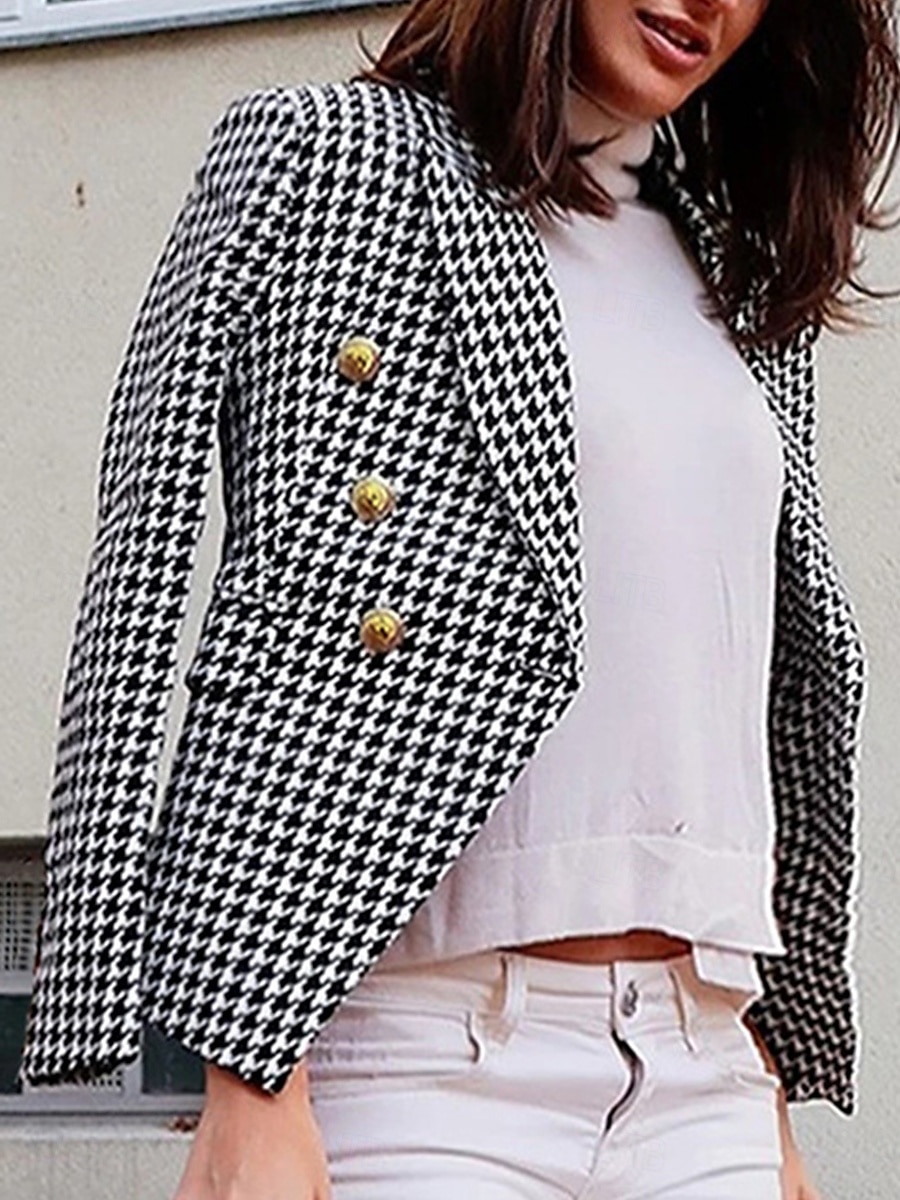 Dames Blazer Werk Straat Herfst Winter Normaal jas Normale pasvorm Ademend Elegant Stijlvol Jacks Lange mouw niet-afdrukken Effen Kleur Strepen en Plaid Met zakken Wit + Zwart Zwart Rood 2025 - $42.99 –P5